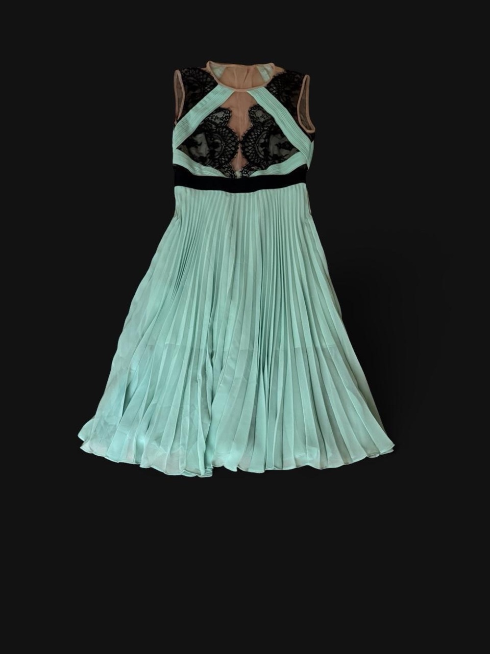 BCBGMaxAzria Mint and Black Lace Pleated Midi Dress
